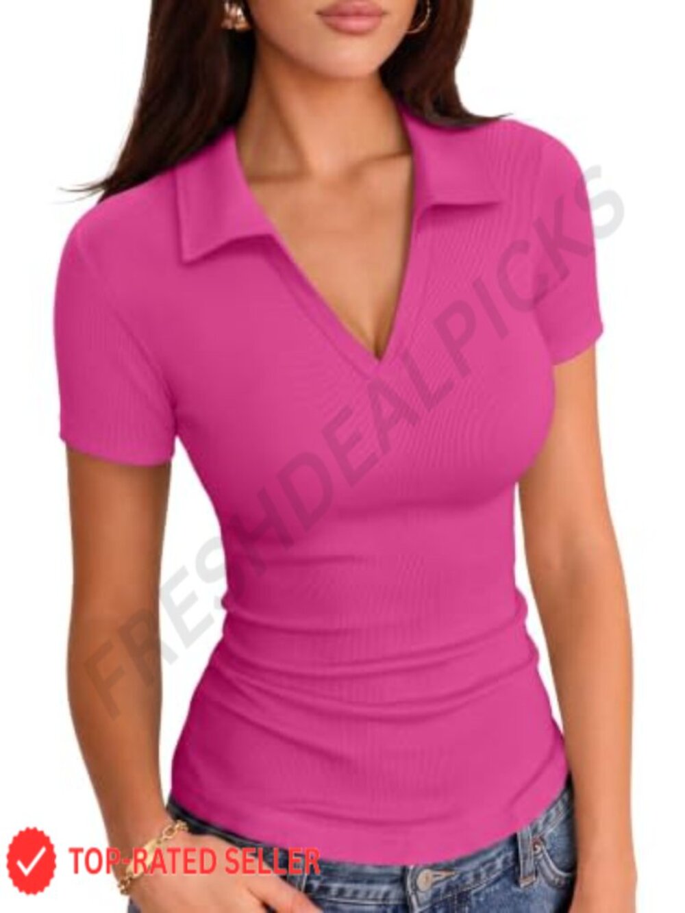 Ribbed Knit Fitted V Neck Collared Polo Top Short Sleeve Work Shirt